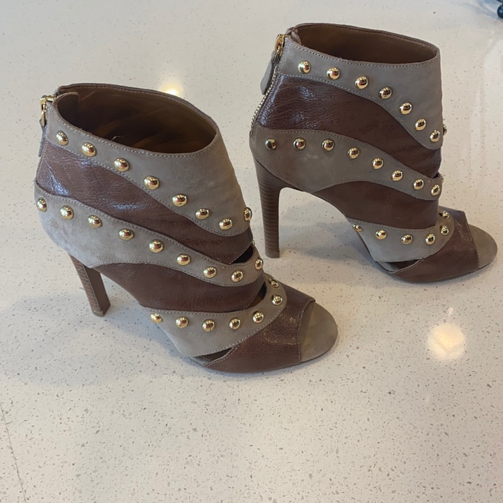 Open toe tan and brown leather ankle boots
